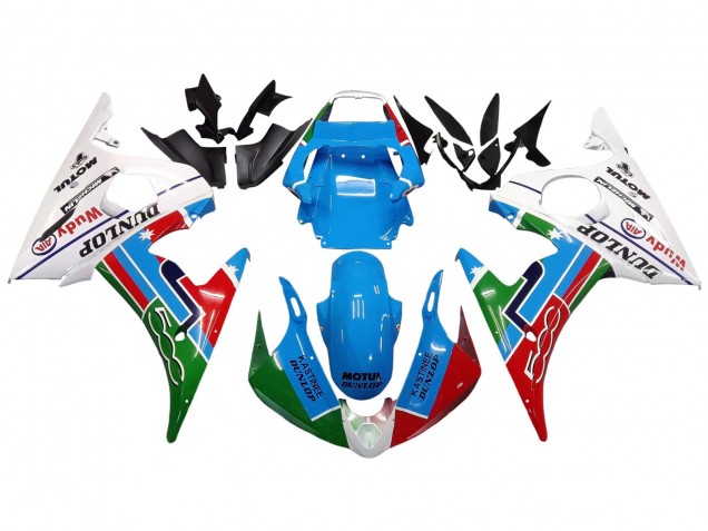 Carena Moto Yamaha YZF R6S 2006-2009 - Bianco Blu Verde Rosso Kastinee Dunlop Motul